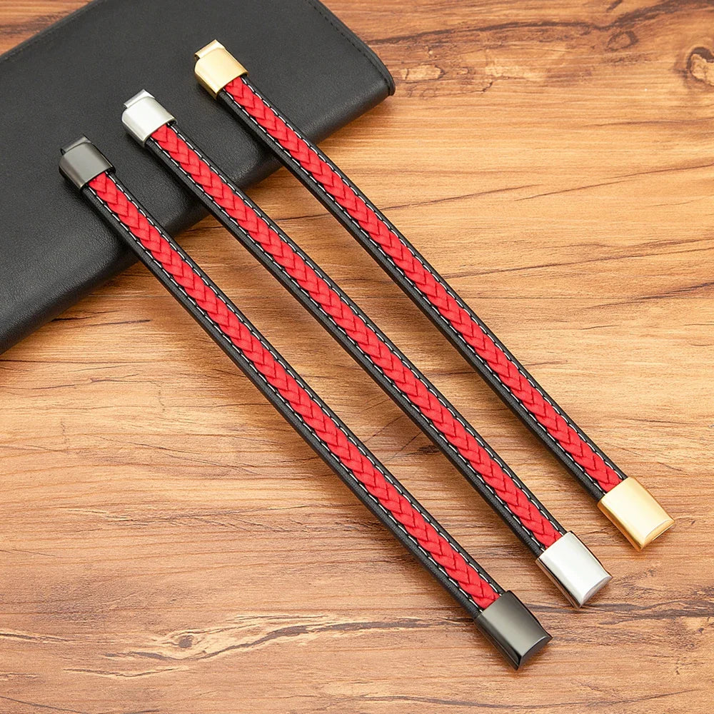Valentia Zwart & Rood Gevlochten Leren Armband – Roestvrijstalen Bedel Juwelen Cadeau voor Mannen