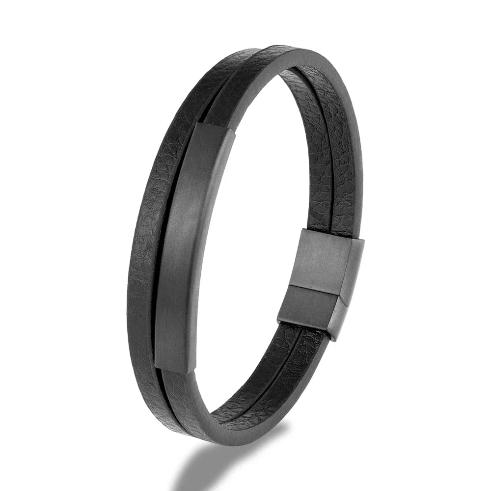 NoirBound Leren Armband – Dubbele Rij Handgemaakt Design met Matzwart Roestvrijstalen Sluiting, Strakke en Minimalistische Stijl voor Mannen