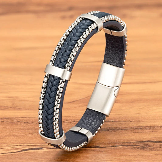 Clunia Punk Ketting & Leren Armband – Roestvrijstalen Magnetische Gesp Sieraden voor Mannen