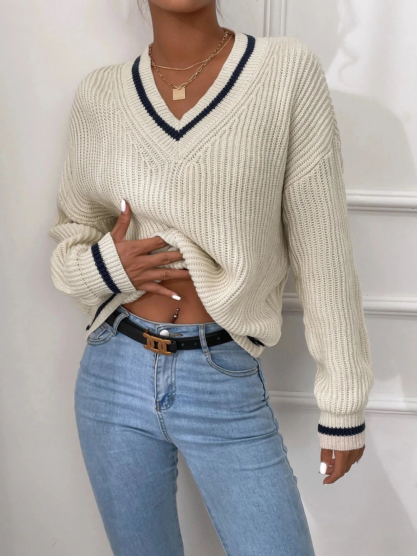 Marina | Gestreifter Waffelstrick-Pullover