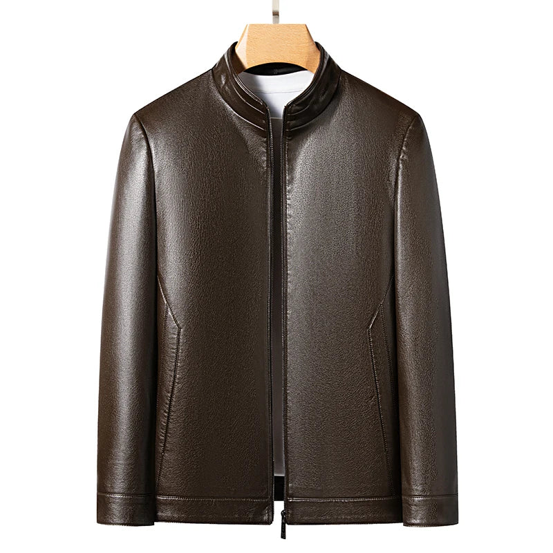 Loke™ Noir – Elegante leren jas met hoge kraag en strakke lijnen