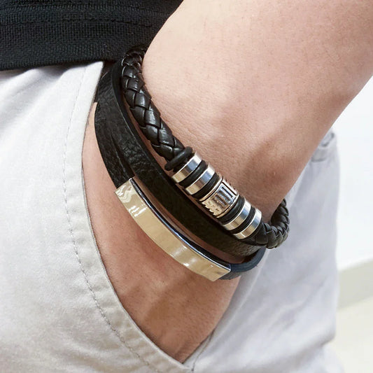 Nemausus Trendy Lederen Armband voor Heren – Roestvrijstalen Gevlochten Touw met Meerdere Lagen