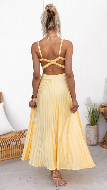 Aby | Gelbes Plissiertes V-Ausschnitt Maxikleid