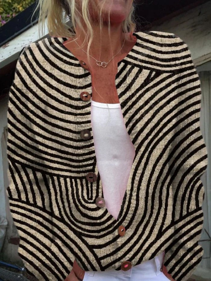 Cardigan-pullover met knoopsluiting en retro-lijnenpatroonprint