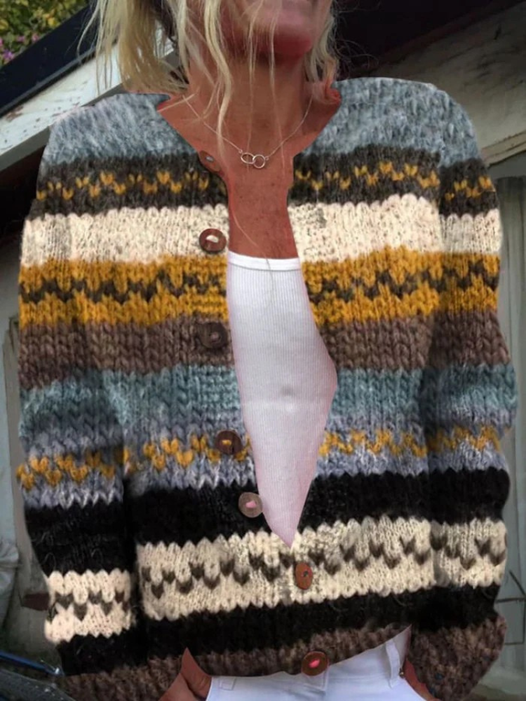 Gestreepte colour-block gebreide cardigan met knopen