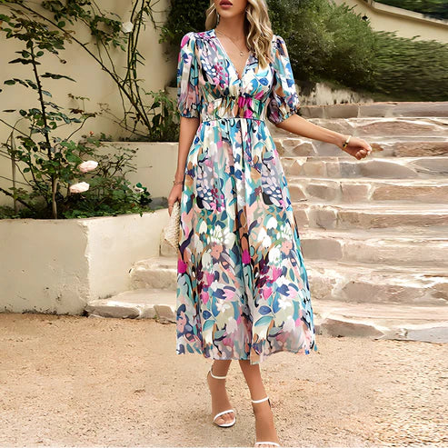 Everly - Vintage Glam Midi-jurk met lantaarnmouwen