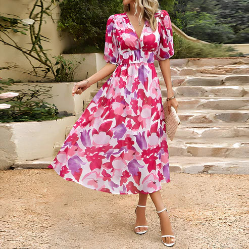 Everly - Vintage Glam Midi-jurk met lantaarnmouwen