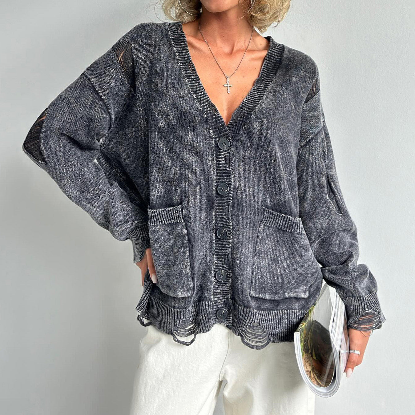 Damen V-Ausschnitt Cardigan aus Baumwollmischung