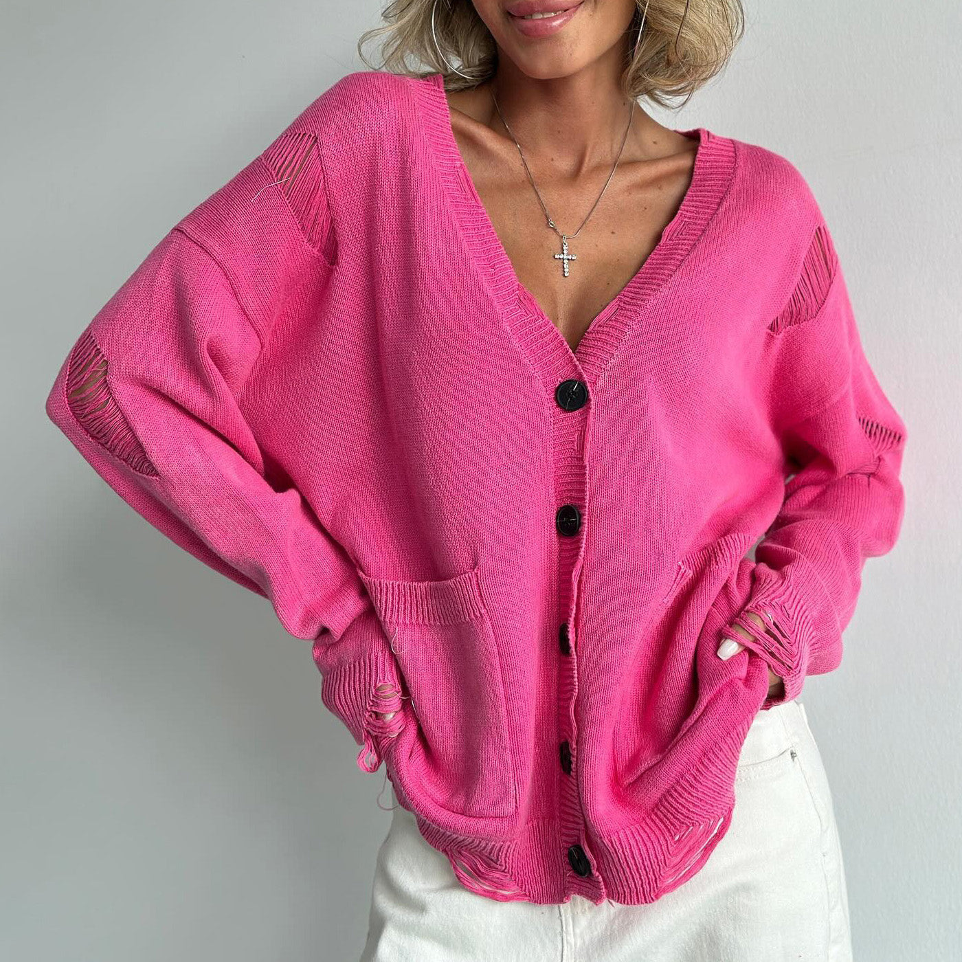 Damen V-Ausschnitt Cardigan aus Baumwollmischung