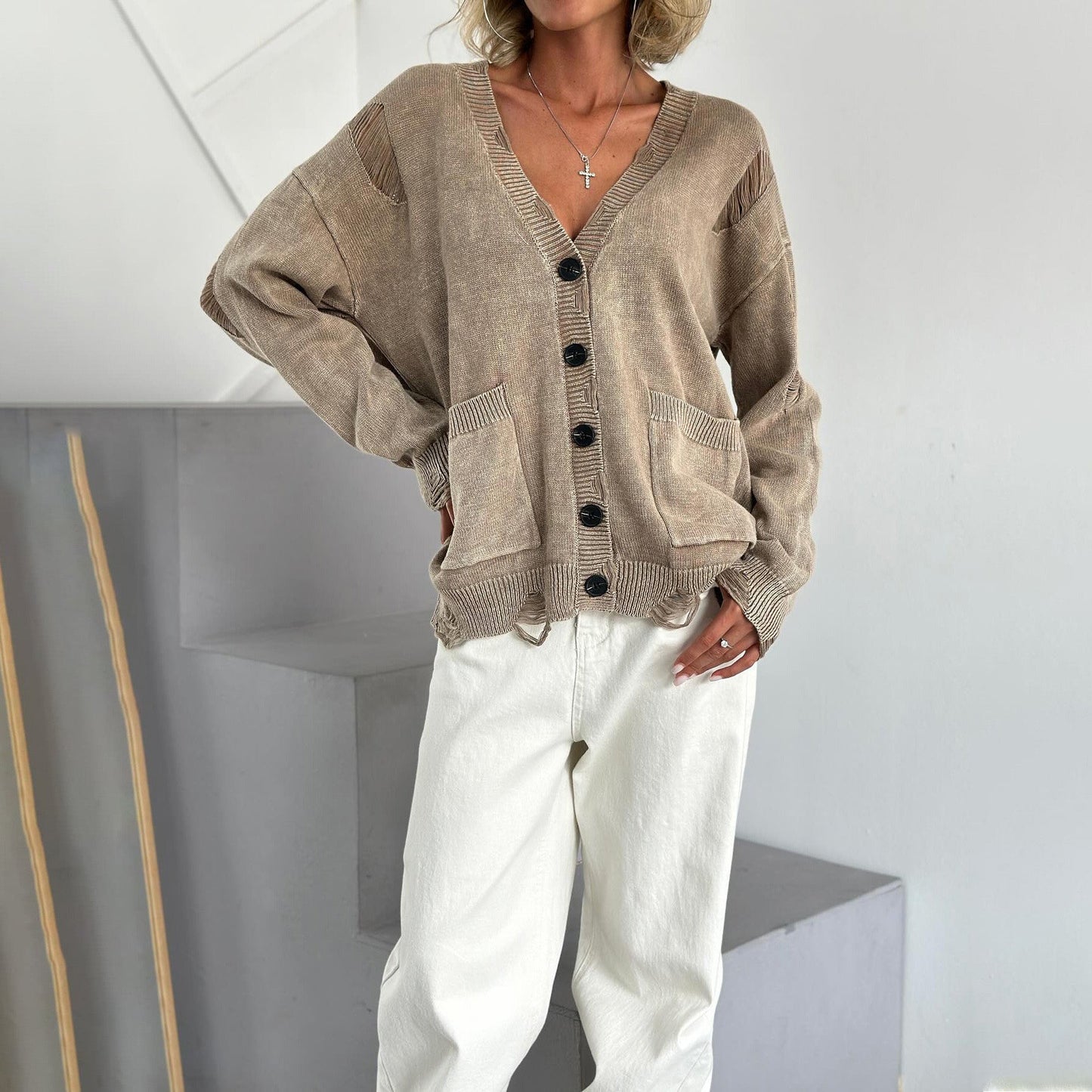 Damen V-Ausschnitt Cardigan aus Baumwollmischung