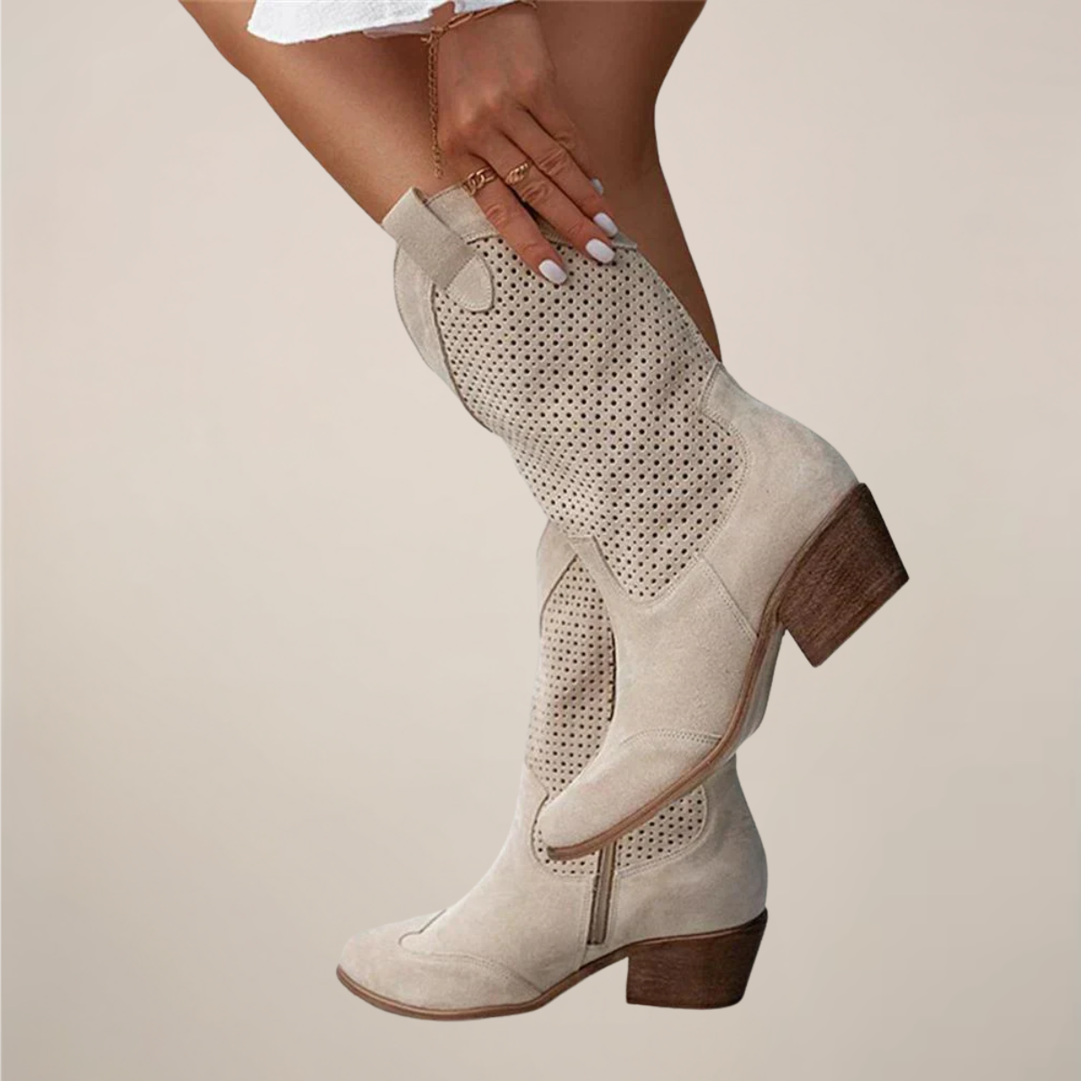 Damen-Westernstiefel mit Lochmuster – Wadenhoch