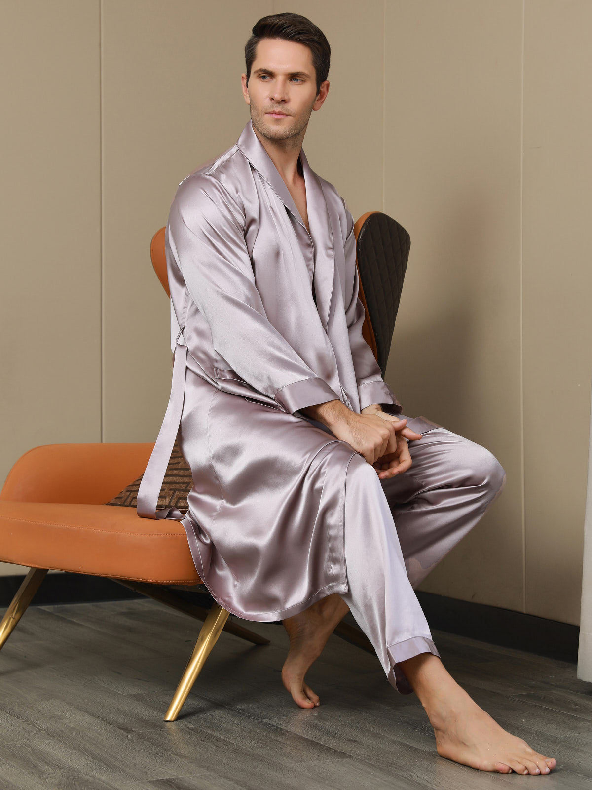 Peignoir Ceinturée à Col Revers En Pure Soie (Sans Pantalon)