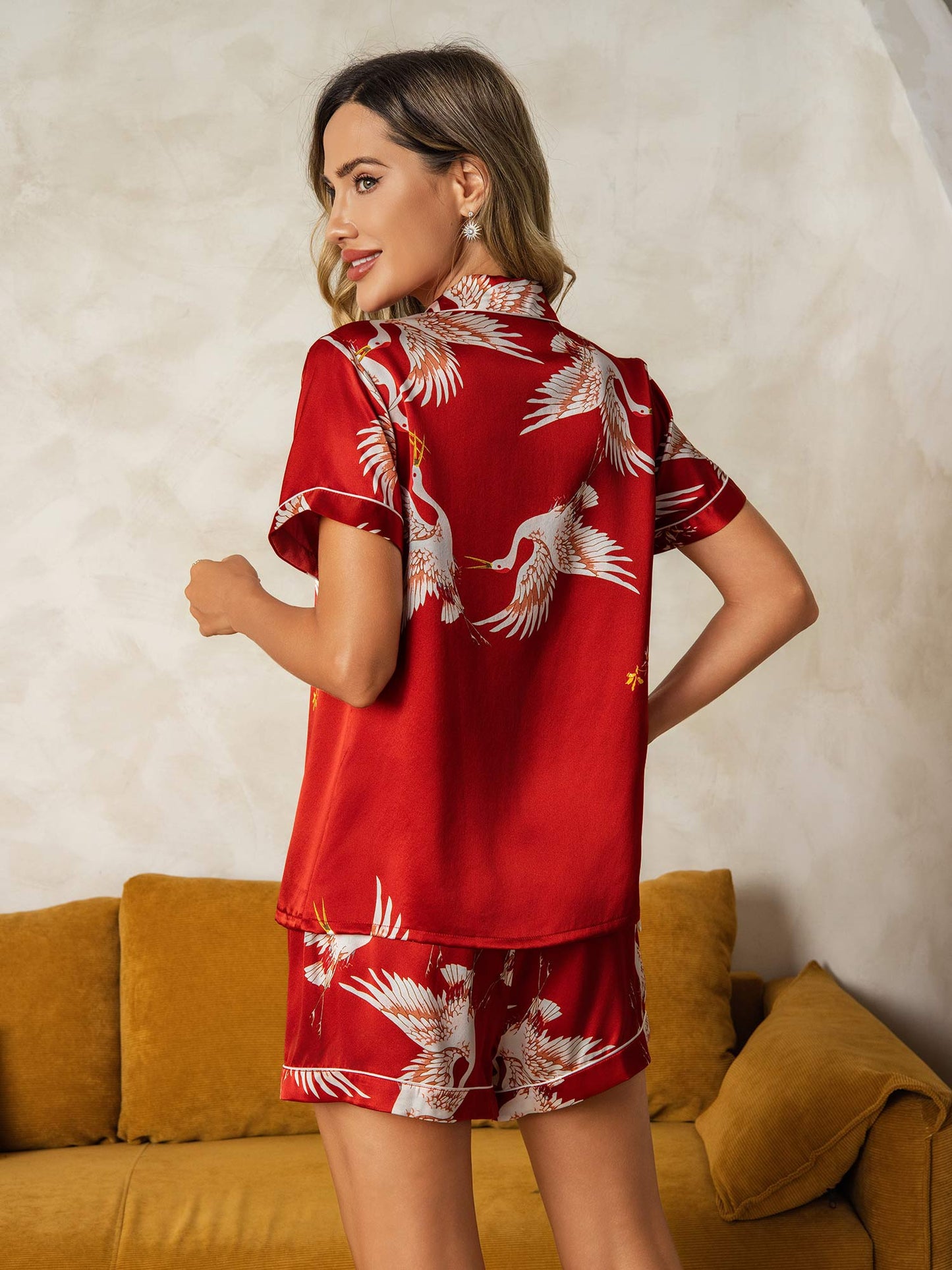 19MommeEnsemble Pyjama Court à Manches Courtes en Soie avec Imprimé Crane pour Femme