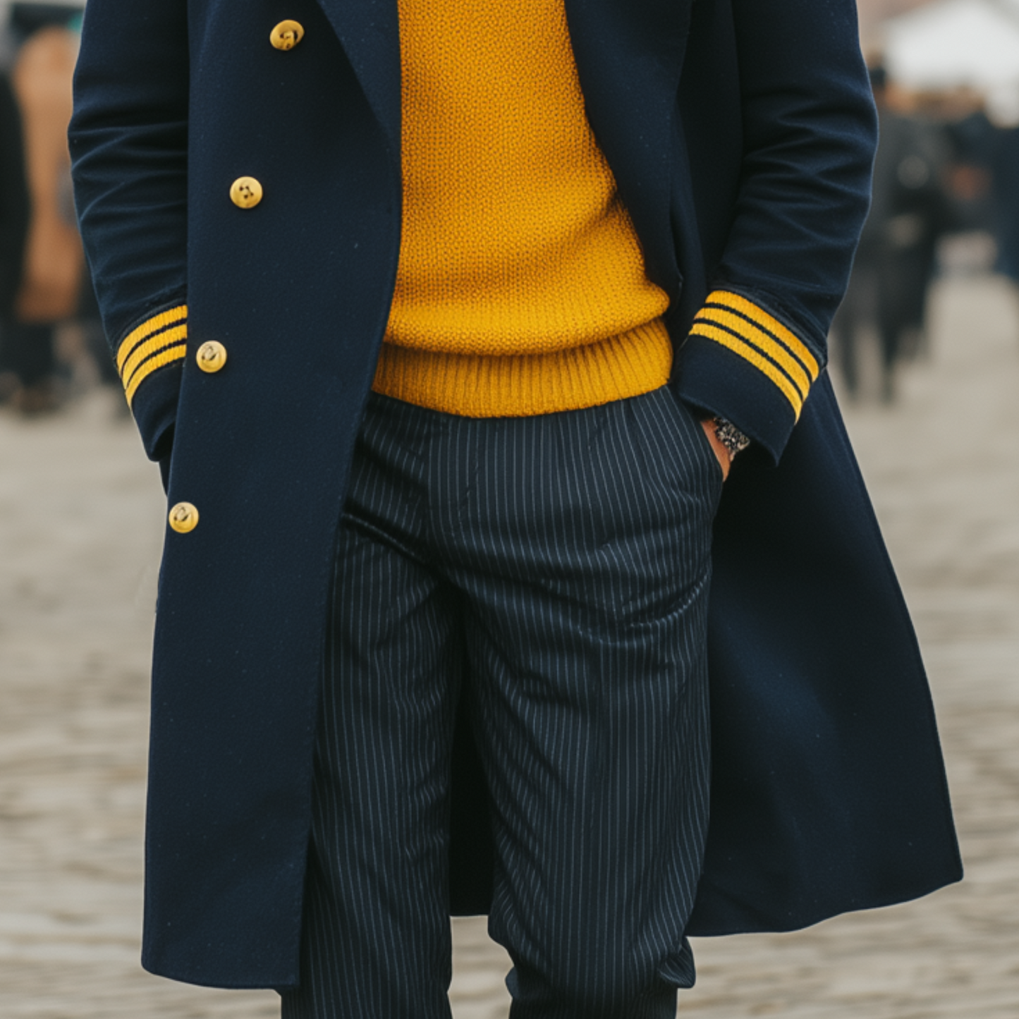 Herren Klassischer Retro Revers Marineblauer Woll Doppelreihiger Mantel mit Schulterklappen in Knielänge