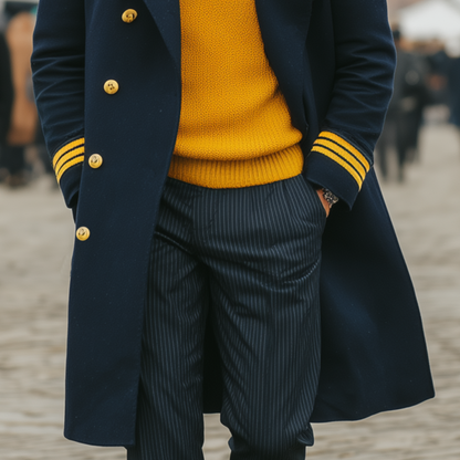 Herren Klassischer Retro Revers Marineblauer Woll Doppelreihiger Mantel mit Schulterklappen in Knielänge