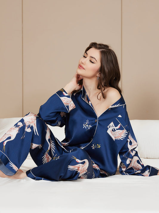 19-Momme Reine Seide – Klassischer Print mit kontrastierendem Paspel, Damen-Pyjama-Set
