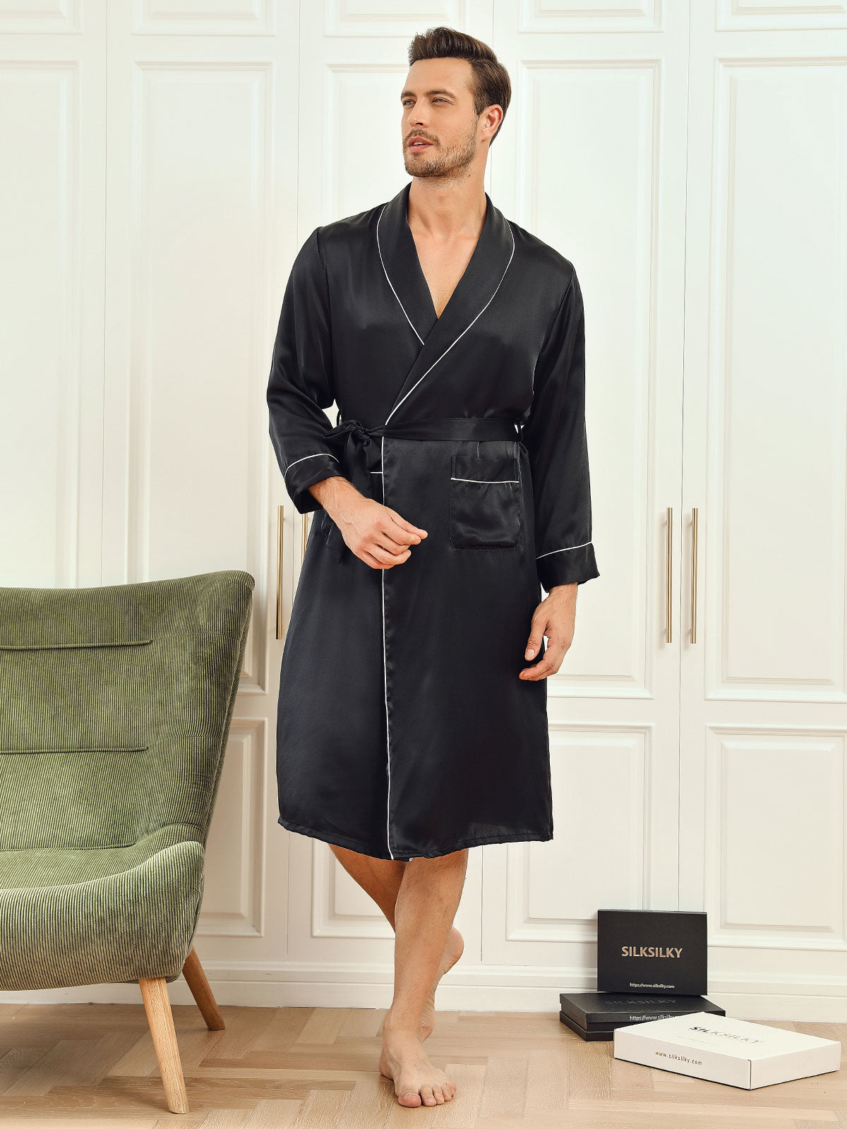 Peignoir Ceinturée à Col Revers En Pure Soie (Sans Pantalon)