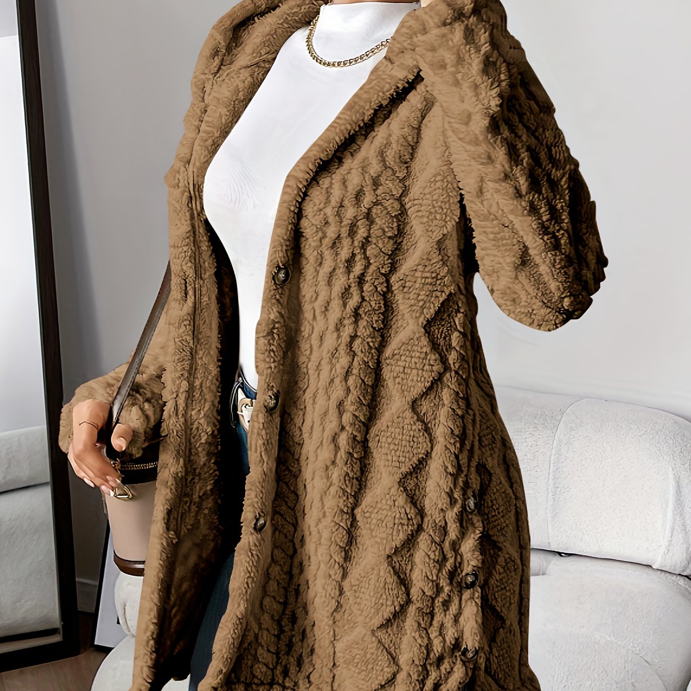 Paula™ - Flauschige Kapuzenstrickjacke mit Diamantmuster