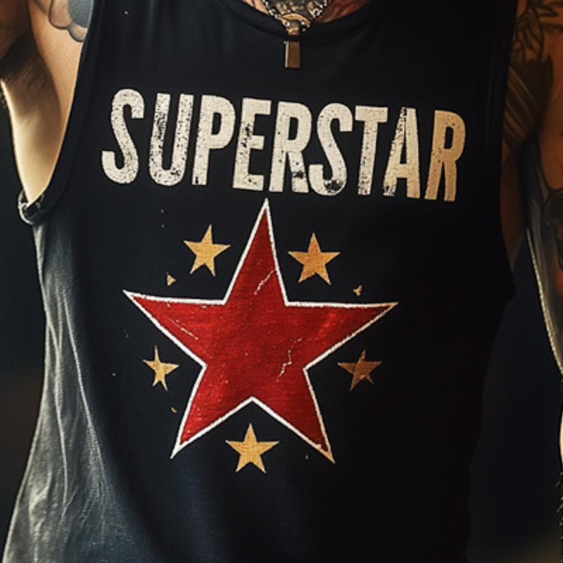 Herren Retro „SUPERSTAR“ Print Lässiges Rundhals-Tanktop 06739045TO