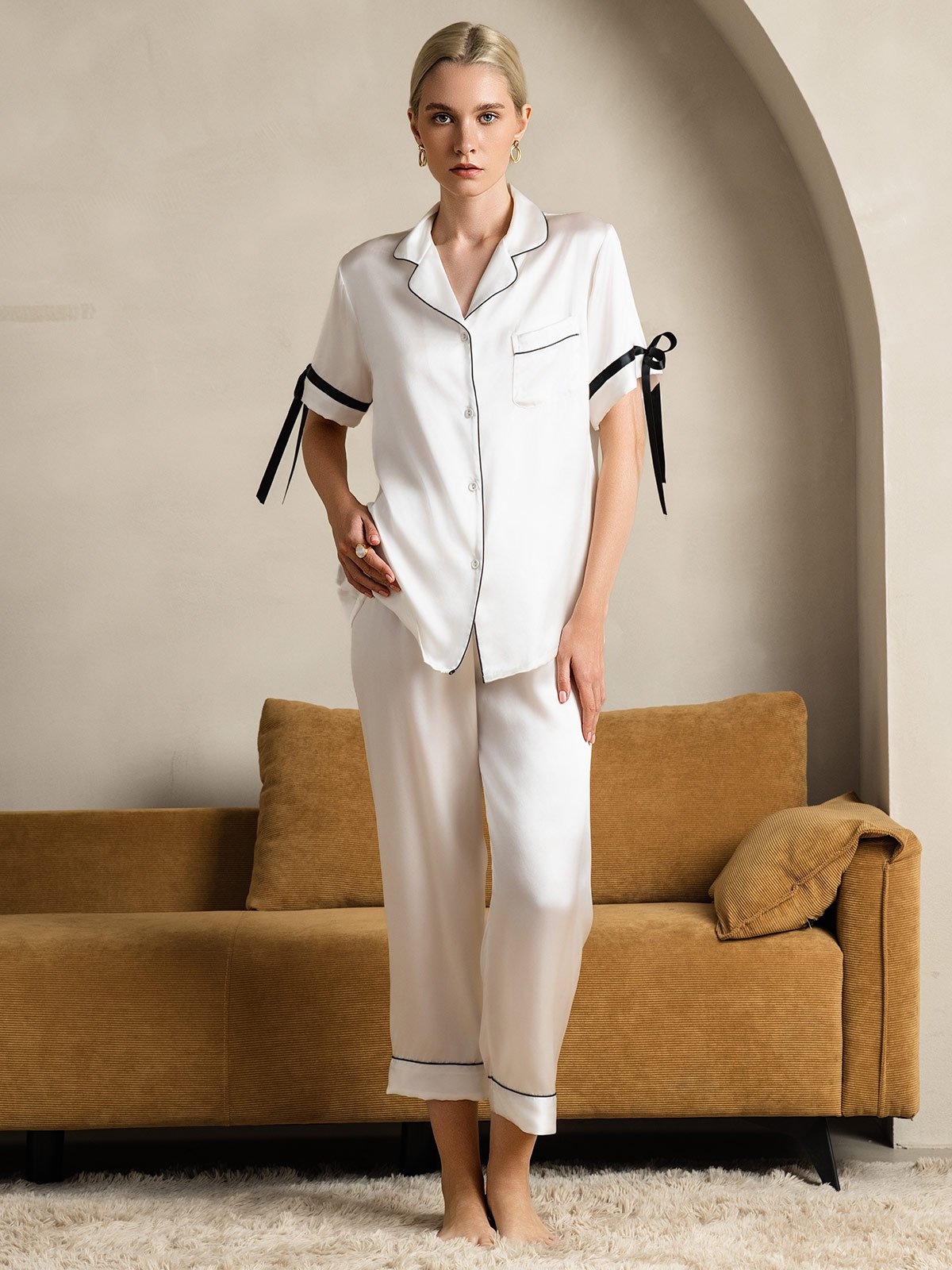 Pure Soie Courtes Manches Pantalon Pyjama Set