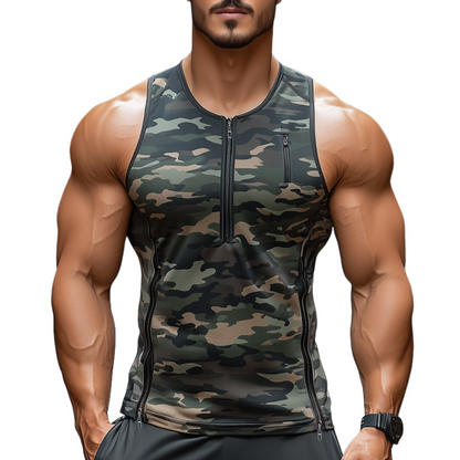 Heren Casual Tanktop met Ritssluiting, Sneldrogend, Camouflageprint, Stretch, Sportief MTA1031F9M