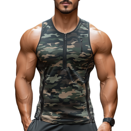 Men's Casual Zipper Decoration Quick-drying Camouflage Stretch Sports Tank Top MTA1031F9M