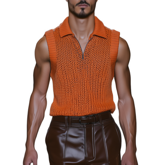 Men's Casual Solid Color Lapel Zipper Slim Fit Breathable Knit Tank Top MTA0478F7M
