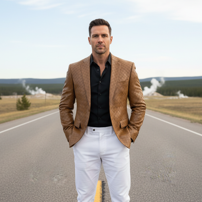 Herren Klassischer Retro Karomuster PU-Leder Slim Fit Einreihiger Blazer