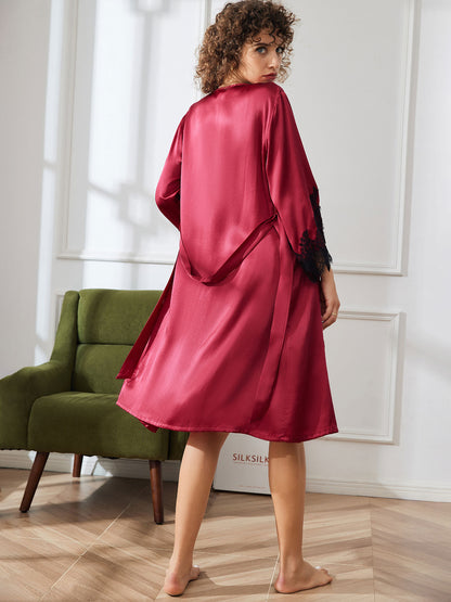 Ensemble Chemise de Nuit et Peignoir en Dentelle de Soie Pure 2Pcs