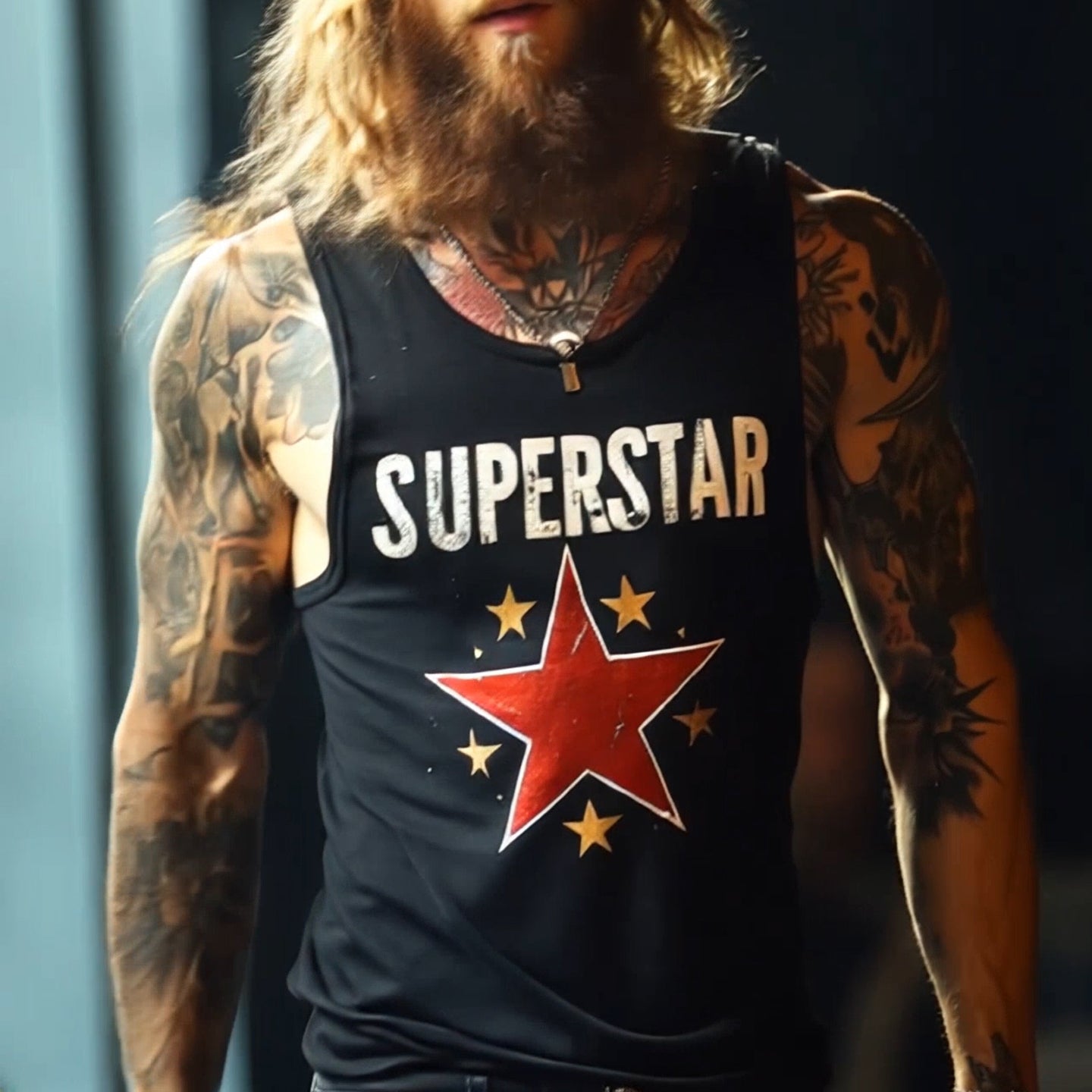Herren Retro „SUPERSTAR“ Print Lässiges Rundhals-Tanktop 06739045TO