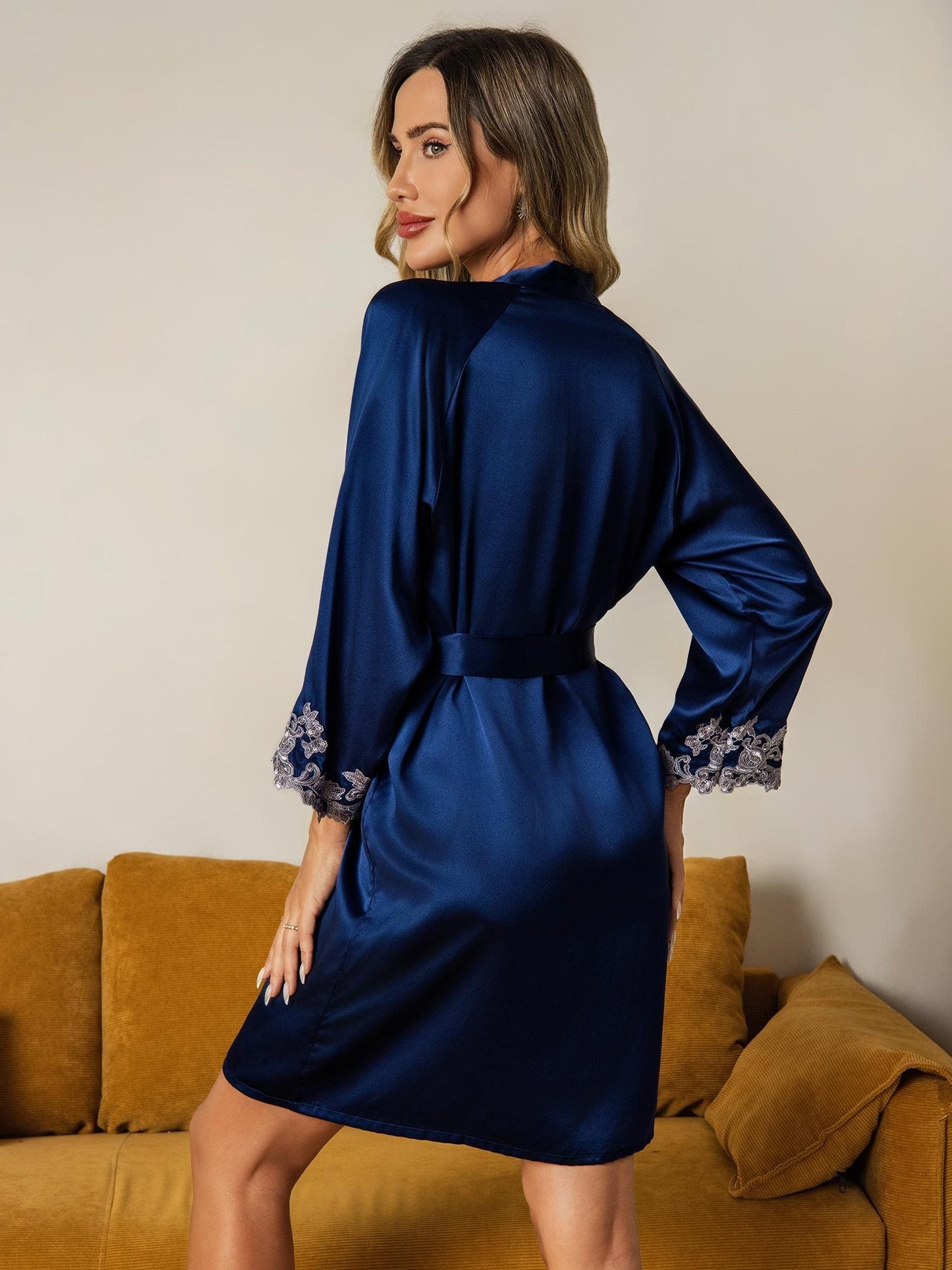 Soie Dentelle Poignets Peignoir Envelopper Kimono Ceinturé Avec 3/4 Manches