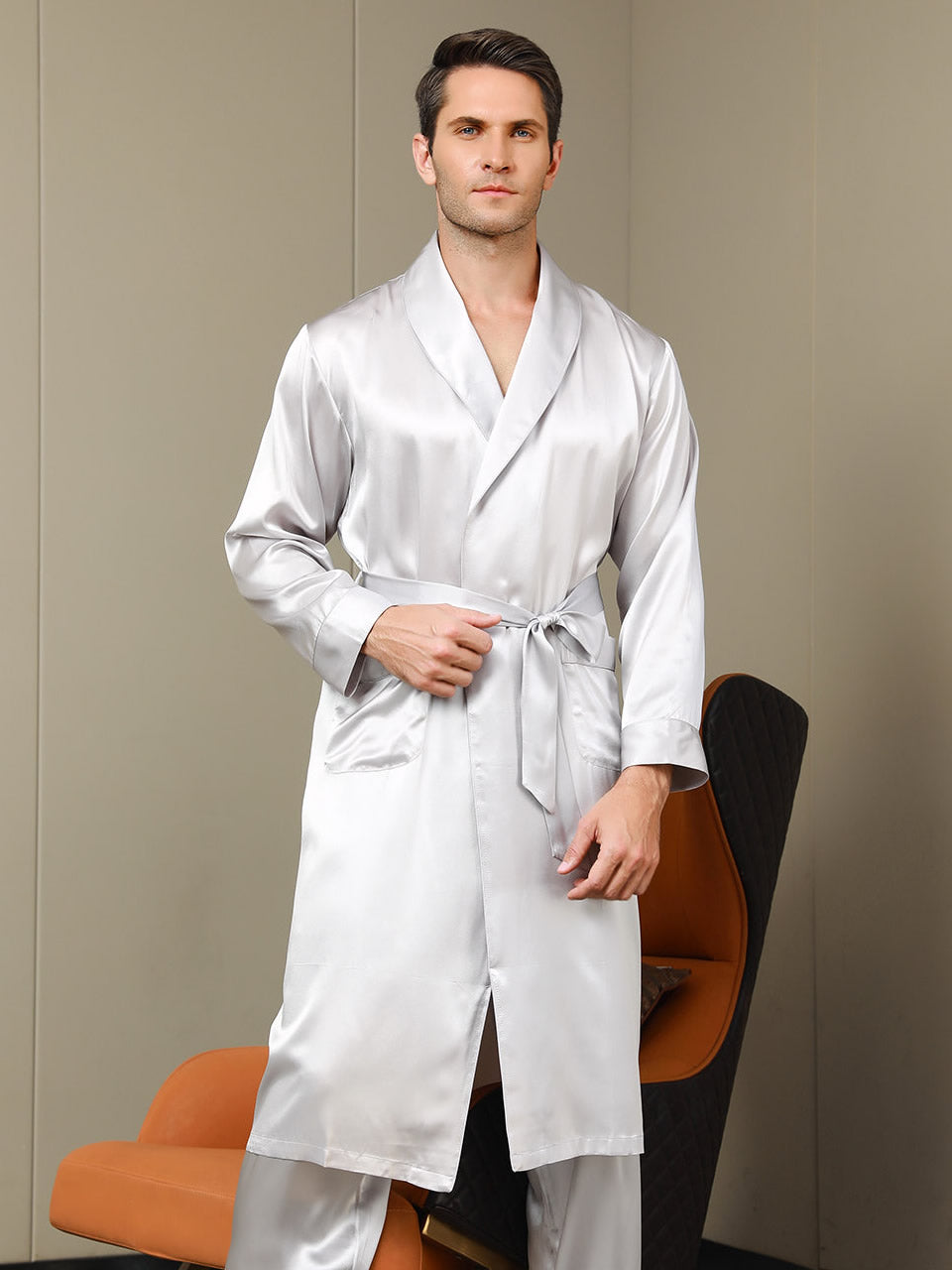 Peignoir Ceinturée à Col Revers En Pure Soie (Sans Pantalon)