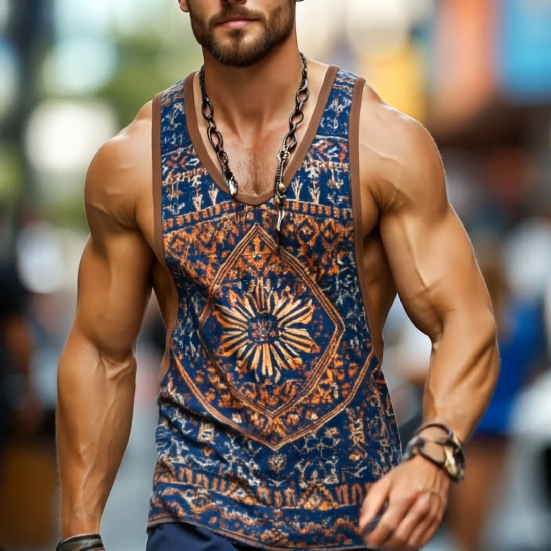 Heren Retro Casual Etnische Stijl Tanktop met Geometrische Print en Ronde Hals 99953934TO