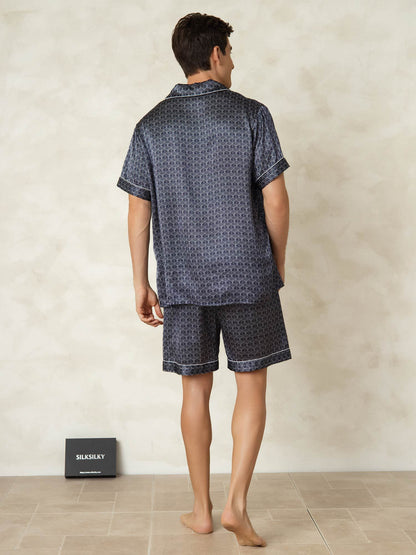 Homme Pyjamas Pure Soie Géométrique Court 2 Pièces
