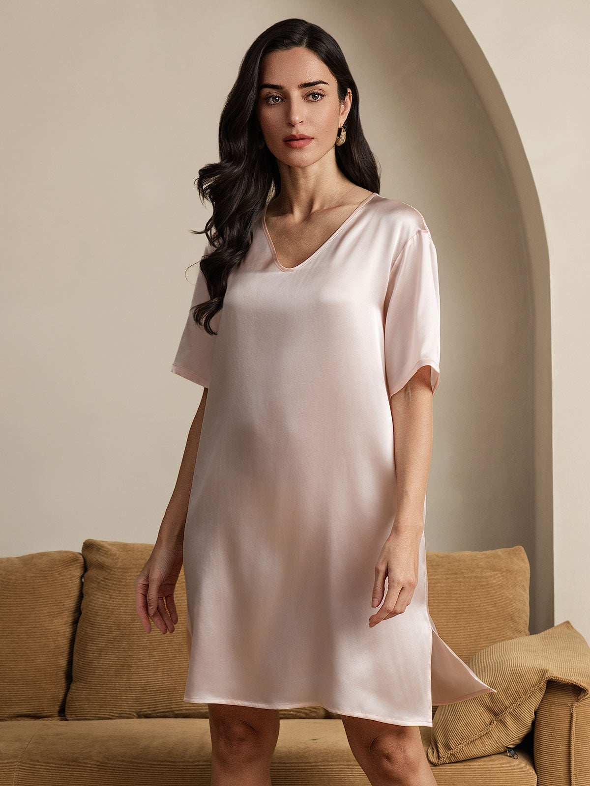 Chemises de nuit Pure Soie Sexy ourlet fendu Manches courtes