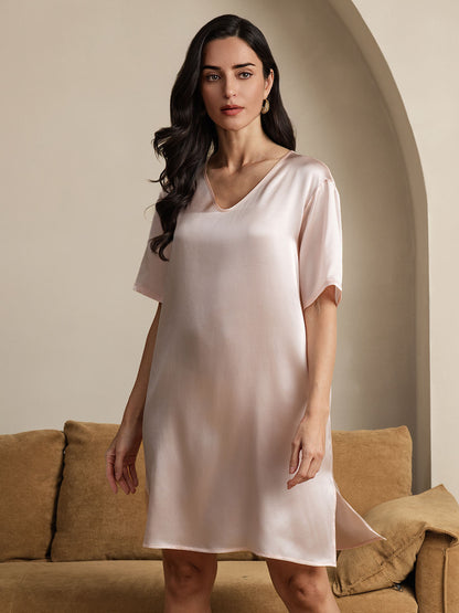 Chemises de nuit Pure Soie Sexy ourlet fendu Manches courtes