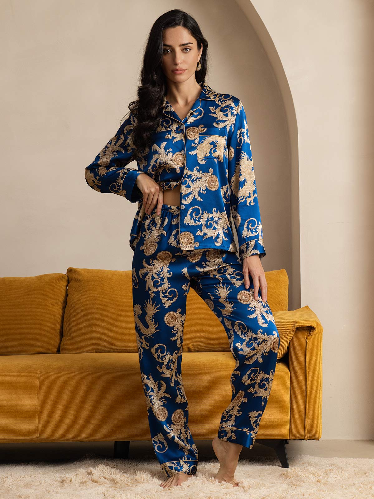 Ensemble de Pyjama à Manches Longues en Soie Pure Imprimé Dragon