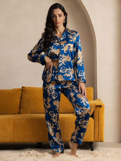 Ensemble de Pyjama à Manches Longues en Soie Pure Imprimé Dragon