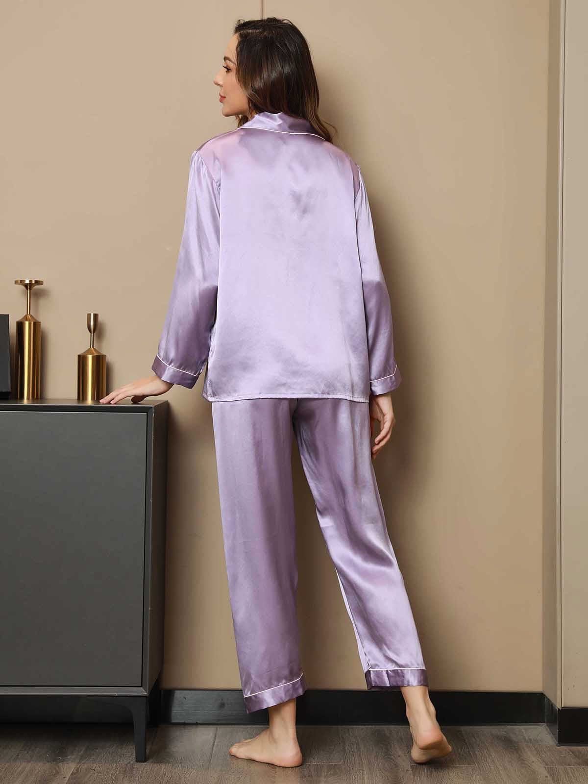 2-teiliges Damen-Pyjama-Set aus reiner Seide mit Paspelierung