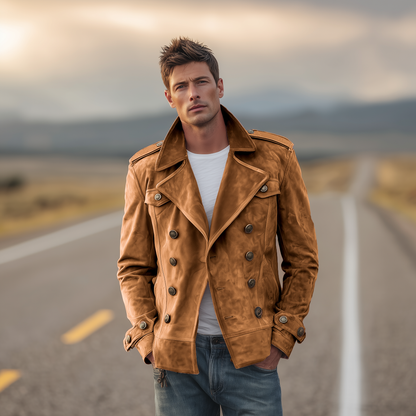 Klassiek retro herenjack in westernstijl met reverskraag, suède epauletten en dubbele rij knopen
