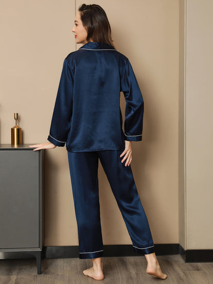 2-teiliges Damen-Pyjama-Set aus reiner Seide mit Paspelierung