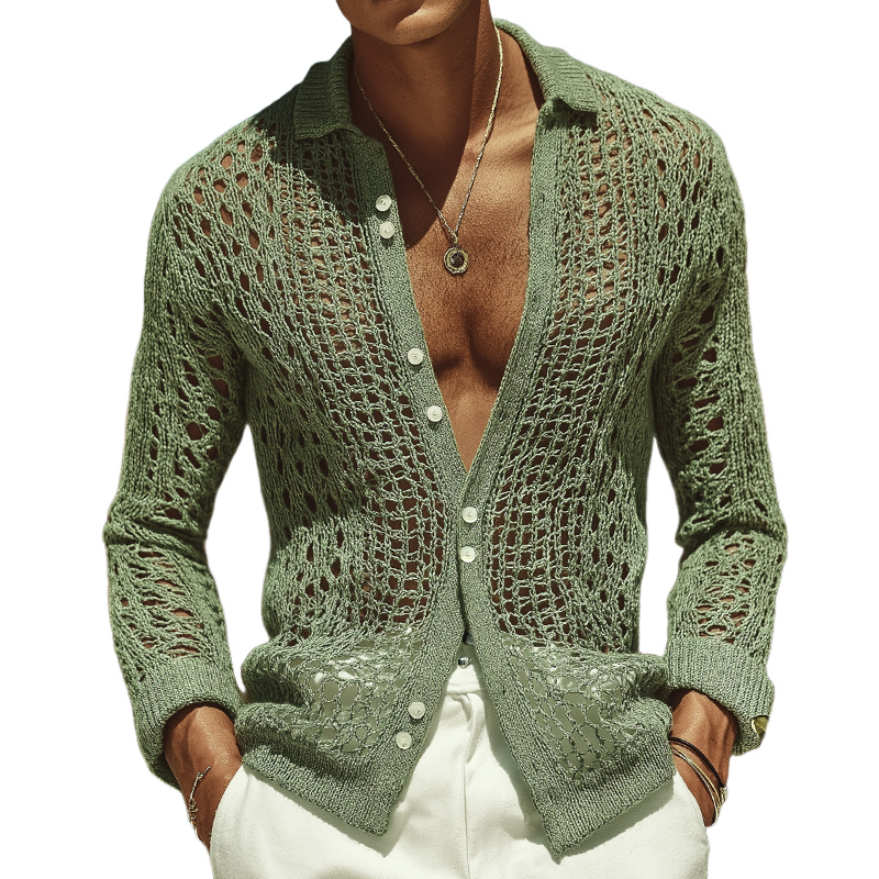 Herren Retro Casual Langarmhemd mit Strickmuster und Reverskragen (Hollow Knit Design)