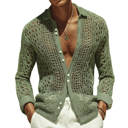 Herren Retro Casual Langarmhemd mit Strickmuster und Reverskragen (Hollow Knit Design)
