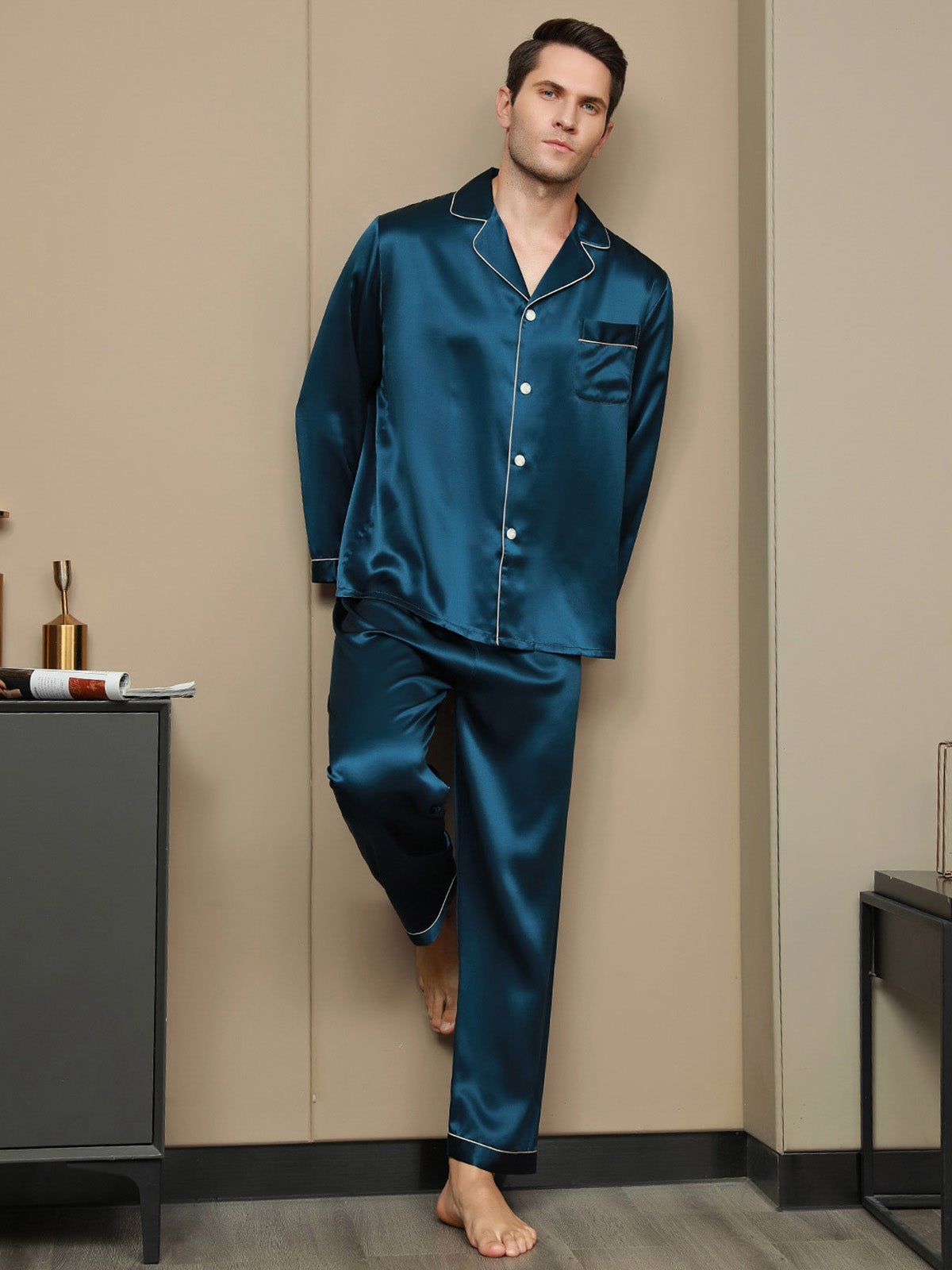 Ensemble Pyjama à Manches Longues à Revers pour Homme en Soie