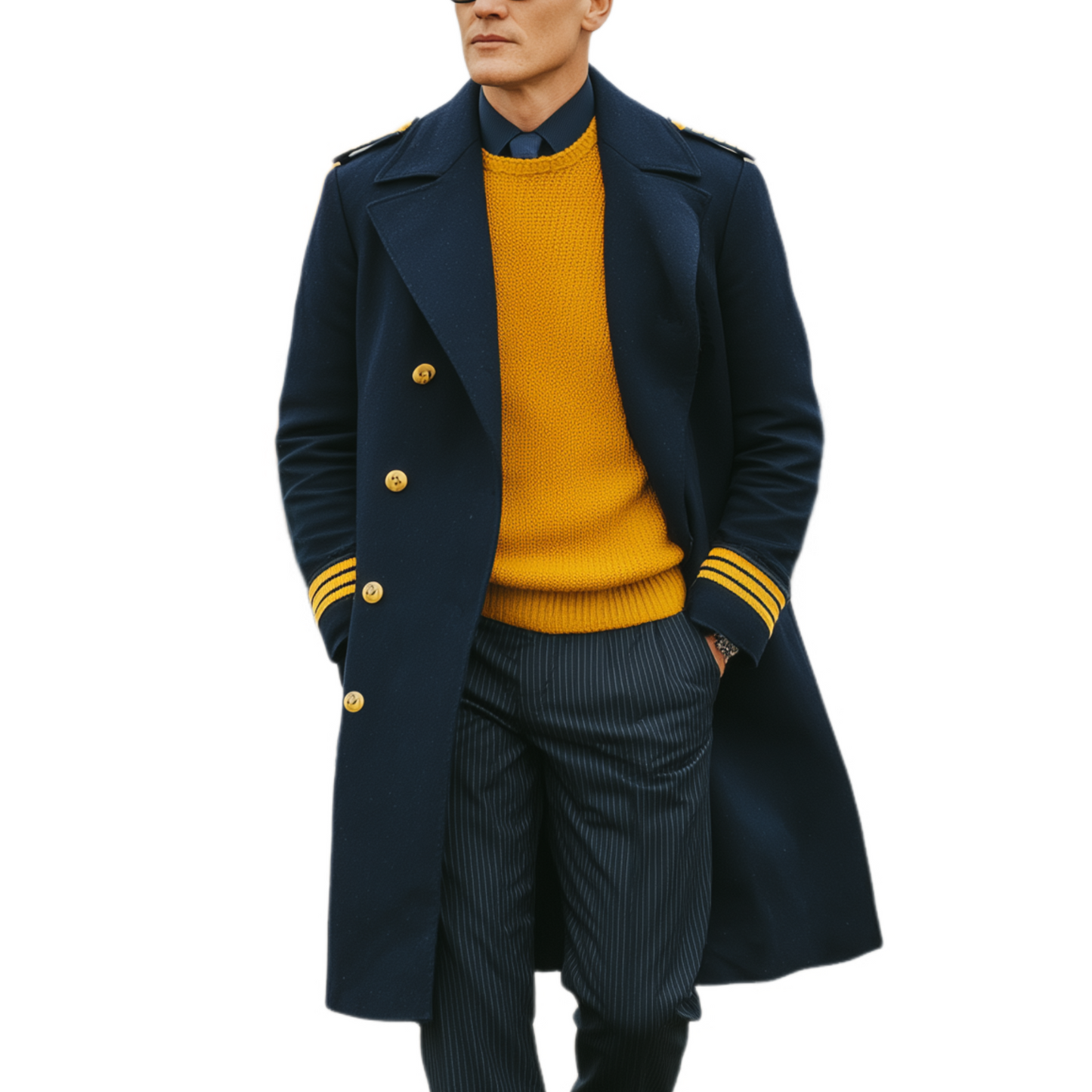 Herren Klassischer Retro Revers Marineblauer Woll Doppelreihiger Mantel mit Schulterklappen in Knielänge