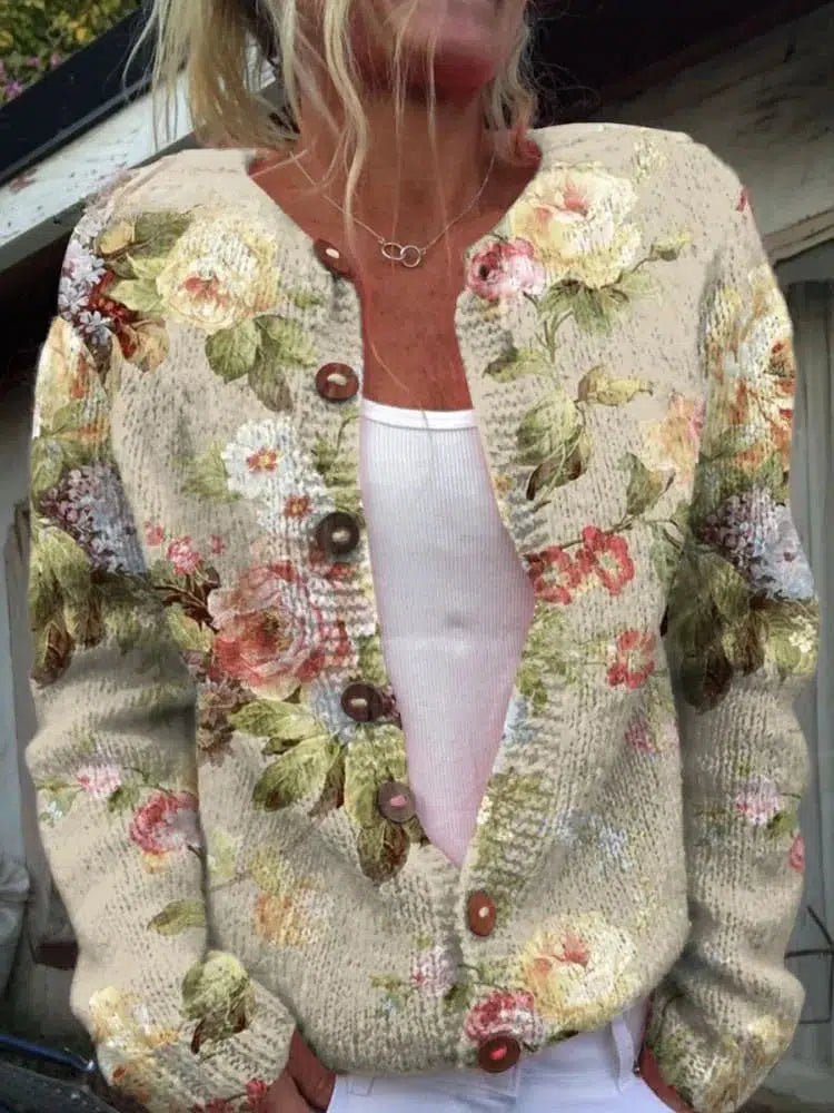 Elegante kraagloze cardigan met lange mouwen en bloemenprint
