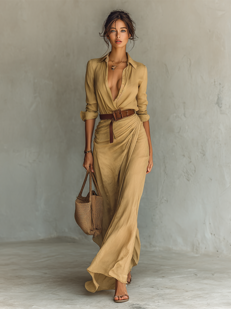 Caliane Maxi Dress™ – Elegantes Maxikleid mit Gürtel- und Kragendesign