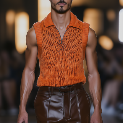 Men's Casual Solid Color Lapel Zipper Slim Fit Breathable Knit Tank Top MTA0478F7M