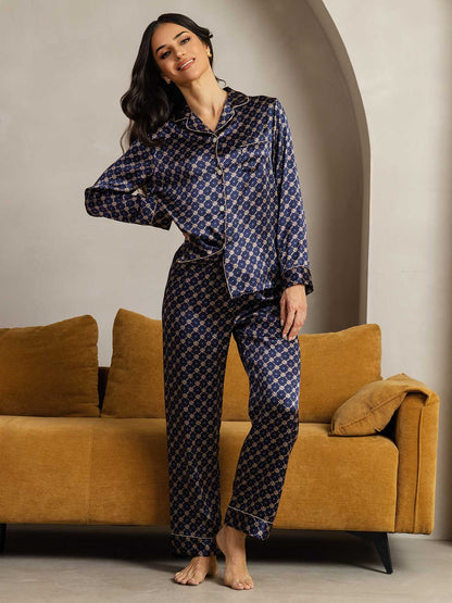 2-teiliges Damen-Pyjama-Set aus reiner Seide mit Paspelierung