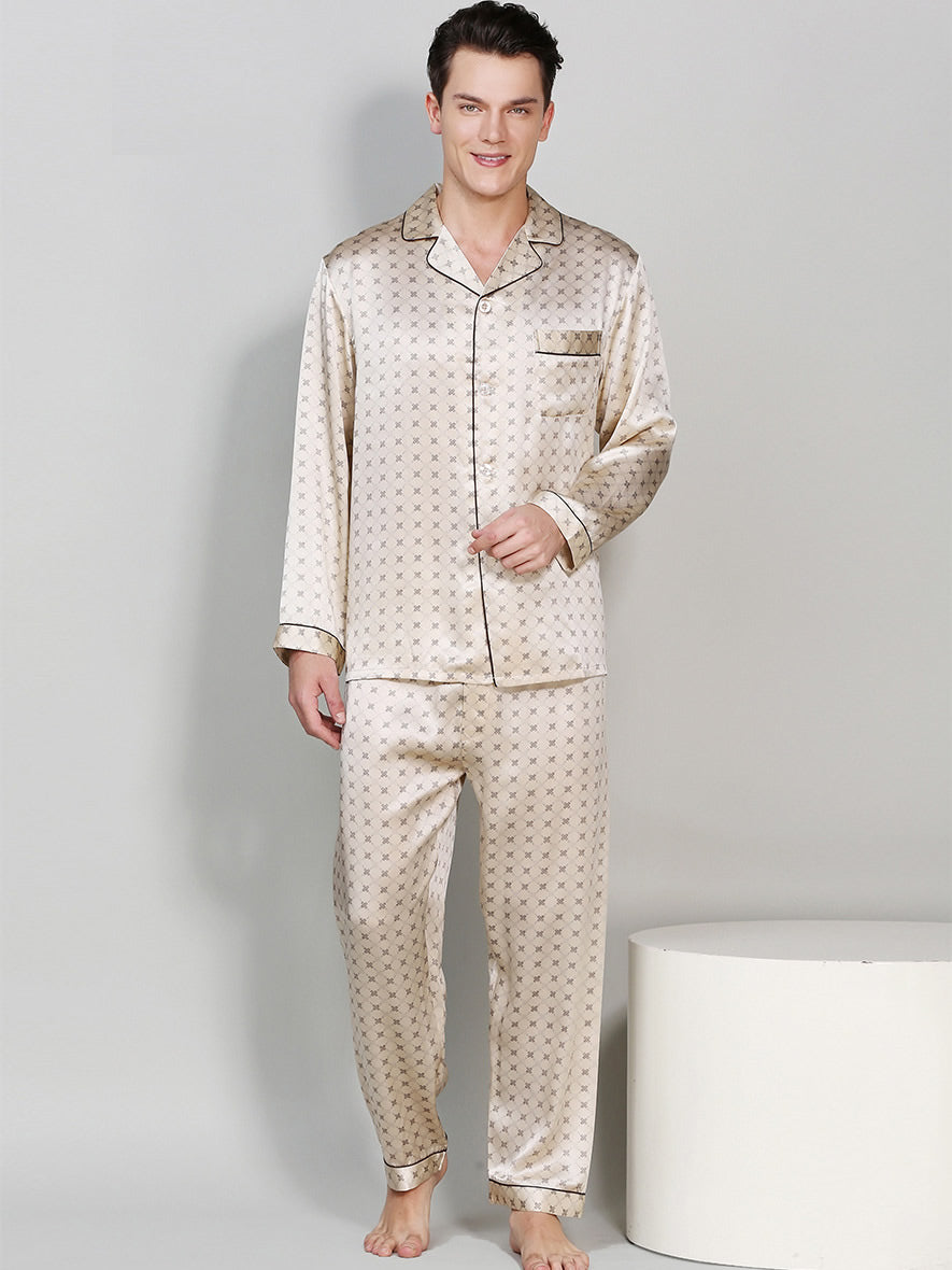 Pyjama en Pure Soie à Revers Imprimé pour Homme